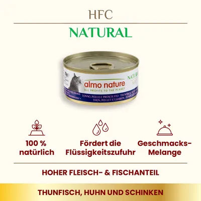 Almo Nature HFC Natural Katzenfutter, Thunfisch, Huhn und Schinken. 100% natürlich, fördert Flüssigkeitszufuhr, Geschmacks-Melange, hoher Fleisch- und Fischanteil.