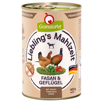 GranataPet Liebling's Mahlzeit bažant a hydina, so špenátom, paradajkami a ľanovým olejom, vyrobené v Nemecku, 400g netto, bez obilnín.