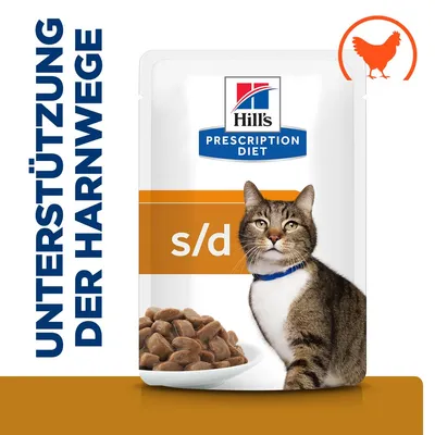 Hill's Prescription Diet s/d Katzenfutter mit Huhn, Unterstützung der Harnwege. Verpackung zeigt eine Katze und Schale mit Futter.