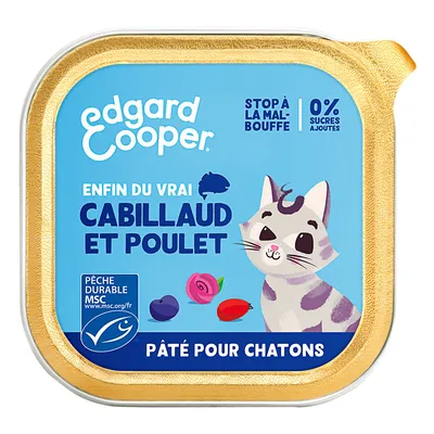 Edgard Cooper, enfin du vrai cabillaud et poulet, stop à la malbouffe, 0% sucres ajoutés, pêche durable MSC, pâté pour chatons. Tekst in het Frans.
