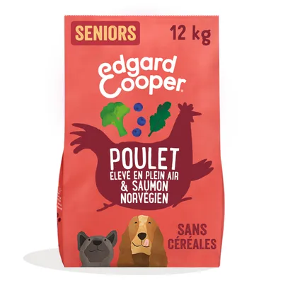 Edgard Cooper Seniors, 12 kg. Poulet élevé en plein air et saumon norvégien, sans céréales.