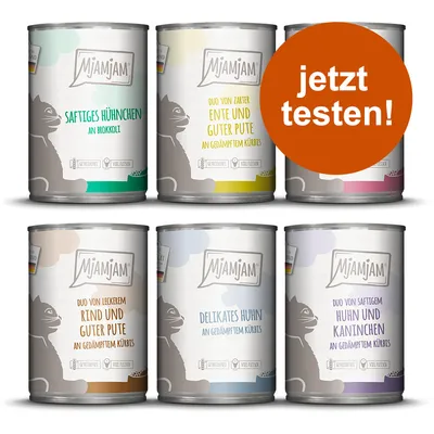 MjAMjAM Nassfutter für Katzen: Saftiges Hühnchen an Brokkoli, Ente und Pute an Kürbis, Rind und Pute an Kürbis, Huhn an Kürbis, Huhn und Kaninchen an Kürbis. Jetzt testen!