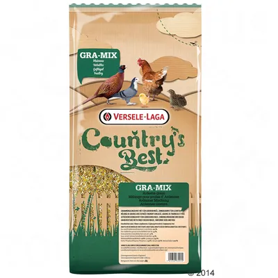 Sac de mélange pour volailles Versele-Laga Country's Best GRA-MIX, illustrations de poule, poussin, faisan, pigeon et caille, texte : Mélange pour poules d’Ardennes.