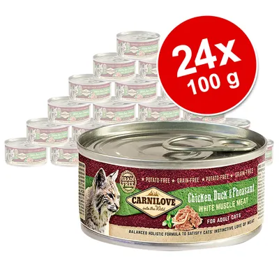 Carnilove macskaeledel, 24x100g konzerv, csirke, kacsa és fácán ízesítés, gabonamentes, felnőtt macskáknak. Carnilove macskaeledel, 24x100g konzerv, csirke, kacsa és fácán ízesítés, gabonamentes, felnőtt macskáknak.