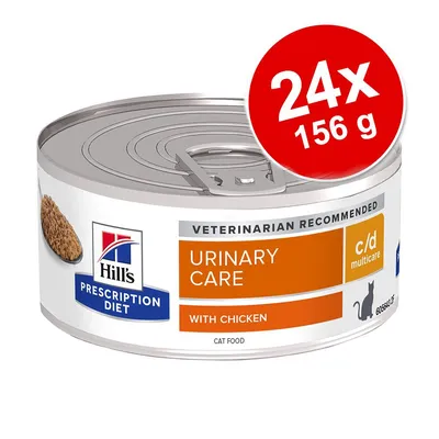 Urinary care cat food with chicken, c/d multicare, veterinarian recommended. Pack contains 24 cans of 156g each.