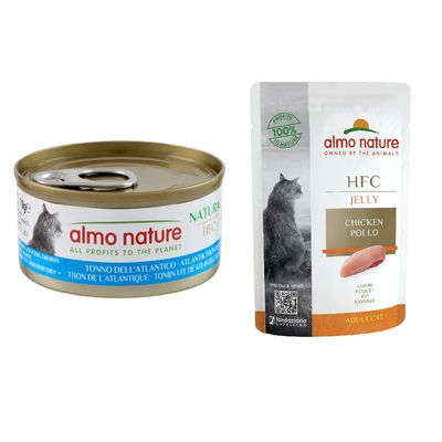 Boîte de 70 g Almo Nature HFC, thon de l’Atlantique, avec texte 'ALL PROFITS TO THE PLANET' et image d’un chat sur l’étiquette.