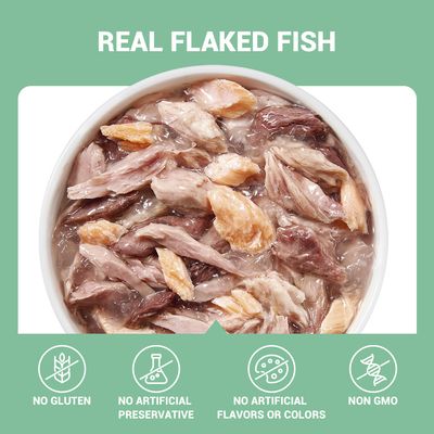 REAL FLAKED FISH. NO GLUTEN, NO ARTIFICIAL PRESERVATIVE, NO ARTIFICIAL FLAVORS OR COLORS, NON GMO feliratok angol nyelven, tálban haldarabok láthatók.