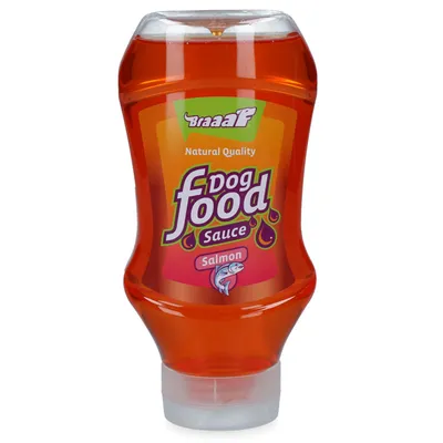 Braaaf Dog Food Sauce sabor salmón, texto visible: Natural Quality, envase de salsa para comida de perro con ilustración de pez en la etiqueta.