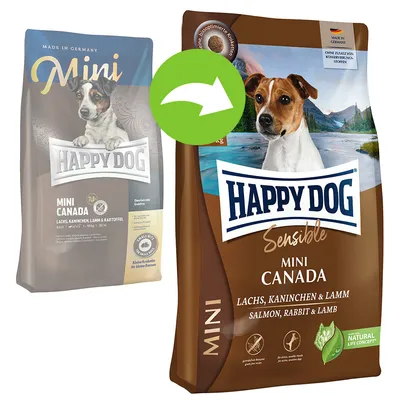 Pungi de hrană pentru câini Happy Dog Sensible Mini Canada, Lachs, Kaninchen & Lamm. Ambalaj nou și vechi prezentate. Text vizibil: Natural Life Concept, fără conservanți artificiali.