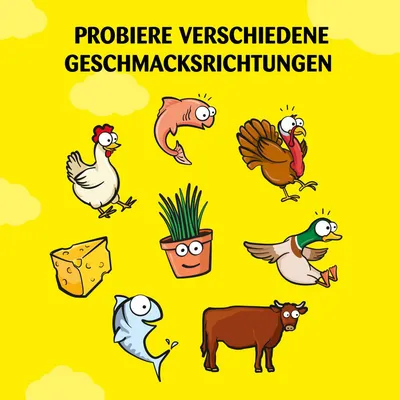 Текст на немецком: PROBIERE VERSCHIEDENE GESCHMACKSRICHTUNGEN. Изображены курица, лосось, индейка, сыр, трава, утка, рыба, корова.