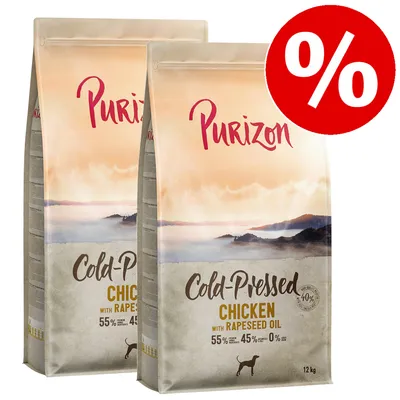 Purizon Cold-Pressed Chicken mit Rapsöl, 12 kg, 55% Huhn, 45% Gemüse, 0% Getreide. Angebot mit rotem Prozentzeichen.