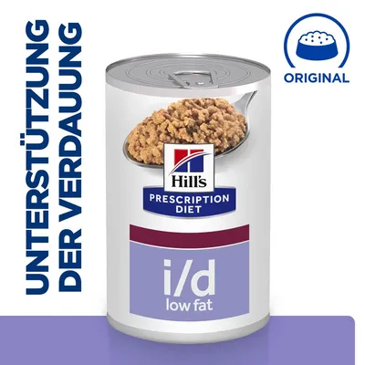 Boîte Hill's Prescription Diet i/d low fat, texte allemand «UNTERSTÜTZUNG DER VERDAUUNG», mention Original et image de pâtée sur une cuillère.