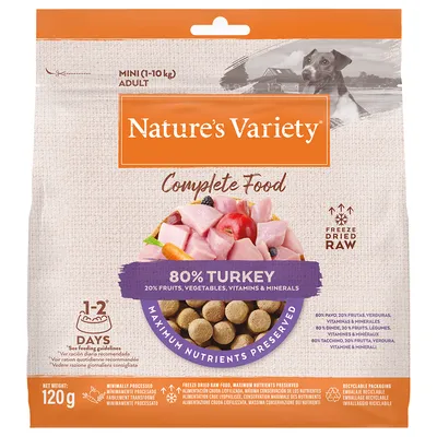 Sachet Nature’s Variety Complete Food, 80% turkey, 20% fruits, légumes, vitamines et minéraux, pour chiens adultes mini 1–10 kg, 120 g. Texte en anglais sur la préservation des nutriments.