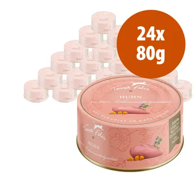Zestaw 24 puszek Terra Felis Huhn, każda 80 g. Na etykiecie widoczny napis: 'Terra Felis Huhn, 100% Lebensmittelqualität'. Zestaw 24 puszek Terra Felis Huhn, każda 80 g. Na etykiecie widoczny napis: 'Terra Felis Huhn, 100% Lebensmittelqualität'.