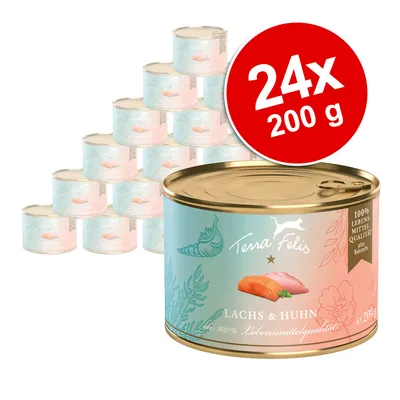 Terra Felis salmón y pollo, 24x200g latas, 100% calidad alimentaria en todos los ingredientes.
