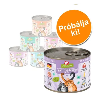 GranataPet DeliCATessen macskaeledel konzerv, kacsával és szárnyassal. Narancssárga körben: Próbálja ki! Német zászló, látható összetevők, cicás illusztráció.