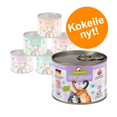 GranataPet DeliCATessen -kissanruokapurkkeja eri makuja, etualalla ankka & siipikarja. Teksti: Kokeile nyt! Näkyvissä saksalainen lippu ja merkintä viljaton.