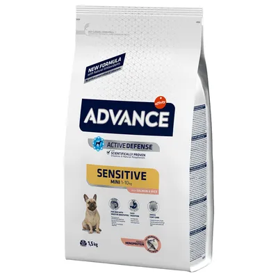 Advance Sensitive Mini 1-10kg cu somon și orez, Active Defense Formula, dovedit științific, pentru câini cu sensibilitate digestivă, digestie ușoară, îngrijire piele și blană, 1,5kg. Advance Sensitive Mini 1-10kg cu somon și orez, Active Defense Formula, dovedit științific, pentru câini cu sensibilitate digestivă, digestie ușoară, îngrijire piele și blană, 1,5kg.