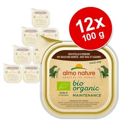Almo Nature Bio Organic Maintenance, 12x100g, s teletinom i povrćem. EU-bio certifikat FR-BIO-10. Za odrasle pse.