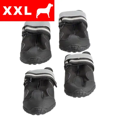 Set of four black protective pet boots with reflective straps, size XXL indicated in the top left corner with a pet silhouette icon. Set of four black protective pet boots with reflective straps, size XXL indicated in the top left corner with a pet silhouette icon.