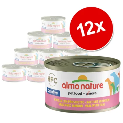 12x Almo Nature HFC Cuisine konzervirana hrana za kućne ljubimce, vidljivo: VITELLO CON PROSCIUTTO, KALF MIT SCHINKEN, VEAU AVEC JAMBON, VEAL WITH HAM.