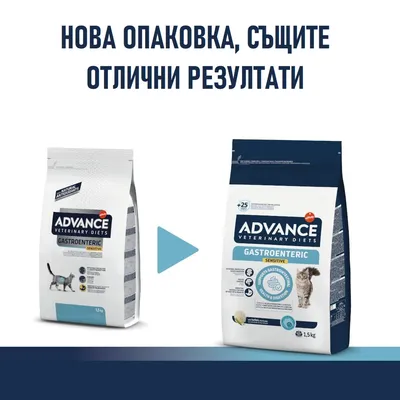 Нова опаковка на Advance Veterinary Diets Gastroenteric Sensitive 1,5 кг за котки. Видими са старата и новата опаковка с текст: Нова опаковка, същите отлични резултати.