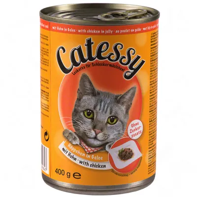 Boîte Catessy 400 g, bouchées en gelée au poulet, texte visible : 'mit Huhn in Gelee', 'with chicken in jelly', 'au poulet en gelée', 'Ohne Zuckerzusatz'. Image de chat gris.