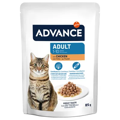 Advance Adult cibo per gatti, 1-10 anni, con pollo. Supporta pelo lucido, cura della pelle e mantenimento della massa muscolare. Confezione: 85 g.