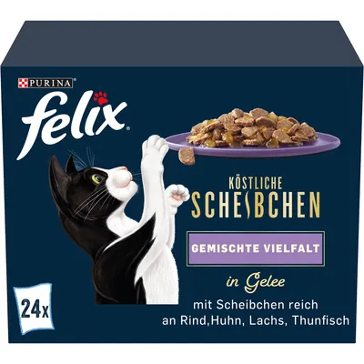 Purina Felix Köstliche Scheibchen zselében, vegyes válogatás marhával, csirkével, lazaccal és tonhallal. A csomag 24 adagból áll.
