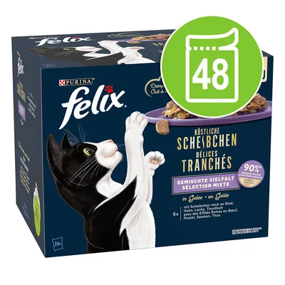 Purina Felix Вкусни резени в желе, смесено разнообразие с говеждо, пиле, сьомга, риба тон. Опаковката съдържа 48 порции, 90% животински протеин.