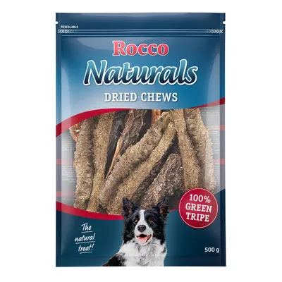 Rocco Naturals Dried Chews, 100% Green Tripe, 500 g pack with resealable label and image of a dog on the front. Text: The natural treat! Rocco Naturals Dried Chews, 100% Green Tripe, 500 g pack with resealable label and image of a dog on the front. Text: The natural treat!