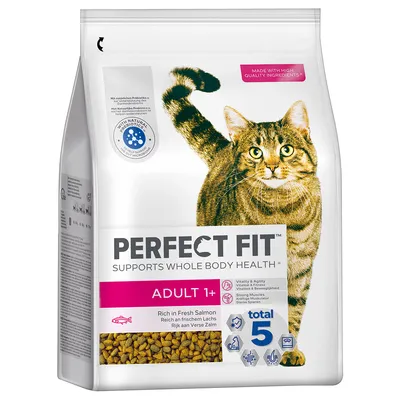 Perfect Fit Adult 1+ kattenvoer, rijk aan verse zalm. Ondersteunt vitaliteit, sterke spieren en gezonde spijsvertering. Met natuurlijke probiotica. In totaal 5 gezondheidsvoordelen.