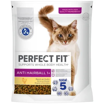 Perfect Fit Anti Hairball 1+ hrană pentru pisici, bogată în pui. Susține sănătatea generală cu prebiotice naturale. 5 beneficii: reducerea ghemurilor de păr, digestie sănătoasă, blană strălucitoare.
