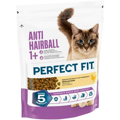Perfect Fit Anti Hairball 1+, bogaty w kurczaka, odpowiedni dla kotów sterylizowanych, Total 5 Formula, wspiera zdrowie całego organizmu. Perfect Fit Anti Hairball 1+, bogaty w kurczaka, odpowiedni dla kotów sterylizowanych, Total 5 Formula, wspiera zdrowie całego organizmu.