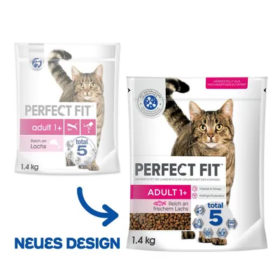 Perfect Fit Adult 1+ hrana za mačke, bogata svježim lososom, novi dizajn, pakiranje 1,4 kg. Podržava vitalnost, kondiciju i snažnu muskulaturu s Total 5 konceptom.