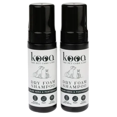 kooa Dry Foam Shampoo med aloe vera og panthenol, vegansk, uden dyreforsøg, naturlige ingredienser. Til hunde og katte.