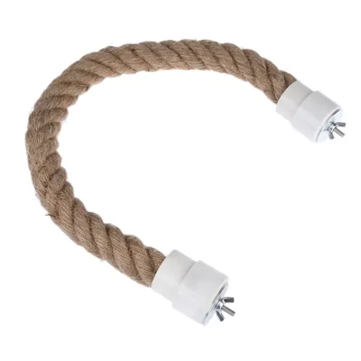 Curved rope made of natural material with white plastic end pieces and metal screws for attachment.