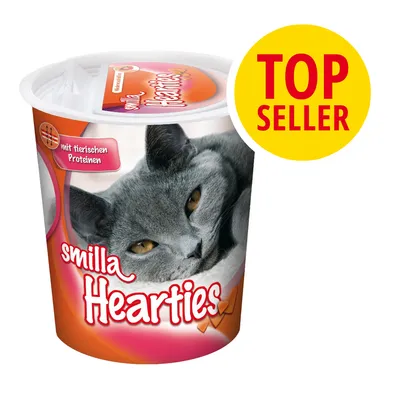 Opakowanie smilla Hearties z wizerunkiem kota, napisami „mit tierischen Proteinen” i żółtym oznaczeniem TOP SELLER.