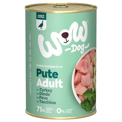WOW Dog Pute Adult natvoer, 71% vlees & bijproducten, 0% granen & gluten, met kalkoen. Made in Austria. Tekst in meerdere talen zichtbaar op blik.
