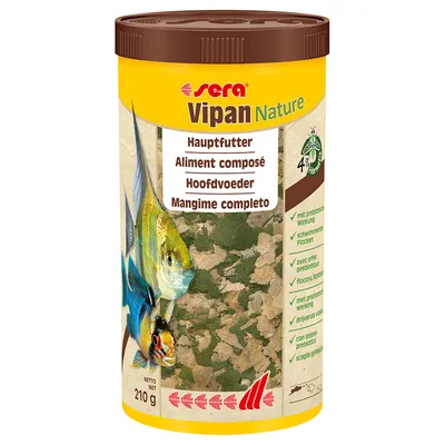 Sera Vipan Nature pääruoka kaloille, 210 g. Prebioottinen vaikutus, kelluvat hiutaleet. Monikielinen kuvaus: Aliment composé, Hoofdvoeder, Mangime completo.