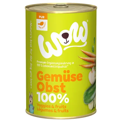 WOW Gemüse Obst 100%, Premium-Ergänzungsnahrung in 100% Lebensmittelqualität, PUR, Made in Austria feliratú konzerv zöldségek és gyümölcsök képeivel