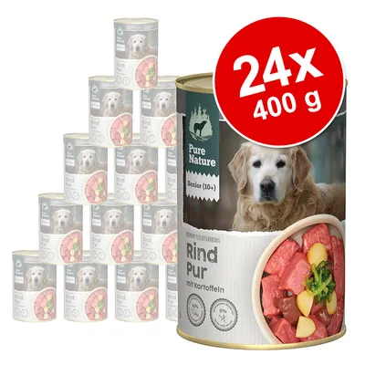 Set 24 conserve Pure Nature Senior (10+) Rind Pur mit Kartoffeln, 400 g fiecare, imagine cu carne de vită și cartofi pe etichetă. Text vizibil: 24x 400 g.