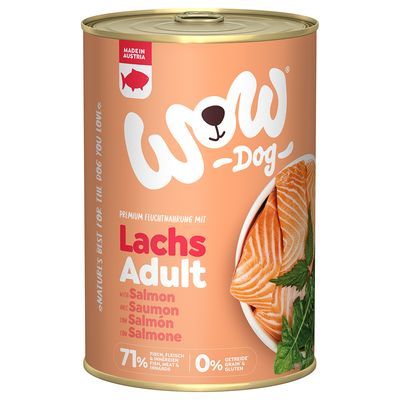 WOW Dog Lachs Adult natvoer, 71% vers vlees, 0% granen en gluten, Made in Austria, afbeelding van zalmfilet op het blik. Tekst in meerdere talen: Salmon, Saumon, Salmón, Salmone.