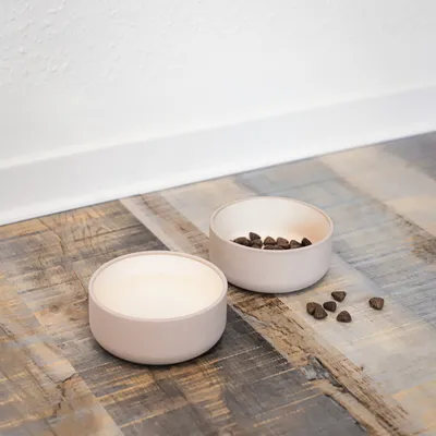 Two beige feeding bowls, one filled with water and the other with dry food, on a wooden floor.