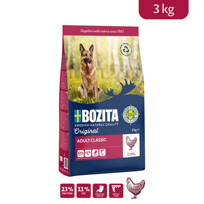 Bozita Adult Classic torrfoder för hundar, 3 kg. Med 23 % protein, 11 % fett, stödjer matsmältning och tandvård. Tillverkat i Sverige med återvinningsbar förpackning.