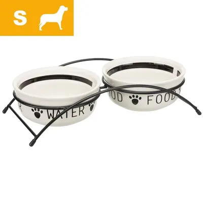 Dwie ceramiczne miski na stojaku z napisami WATER i FOOD, rozmiar S, symbol psa w lewym górnym rogu na żółtym tle.