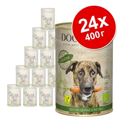 DOG'S LOVE Greens консервирана храна за кучета, 24×400 г, изображение на куче с морков, надписи: VEGAN, 100 % BIO-GEMÜSE & BIO-OBST, без зърнени, произведено в Австрия.