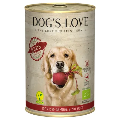 Dog's Love Feine Kost pentru câini sensibili, 100% legume și fructe bio, rețetă fără cereale, vegan, produs în Austria, certificat bio AT-BIO-301.
