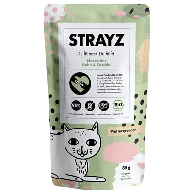 STRAYZ mokré krmivo pro kočky, kuře a cuketa, 95 % masa, bez obilovin, bez přidaného cukru, bio certifikace. Obsah: 85 g, vyrobeno v Německu.