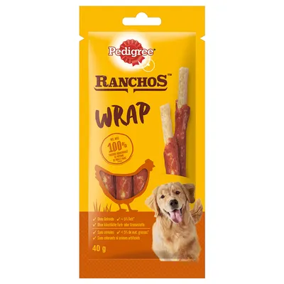 Pedigree Ranchos Wrap dog treats 40g pack, visible text: 100% fresh chicken, ohne Getreide, <5% Fett, ohne künstliche Farb- oder Aromastoffe, sans céréales, <5% de mat. grasses, sans colorants ni arômes artificiels.